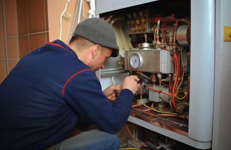 Plumbing Landing Page 7 Technician checking a boiler gauge and piping